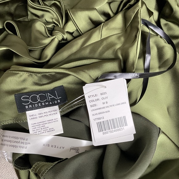Social Bridesmaids Tie High Neck Halter Olive Green Slip Backless Maxi Dress NWT - Picture 8 of 11